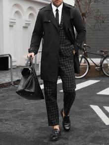Manfinity CasualCool 男士雙排扣黑色秋季優雅晚宴風衣，簡約缺口領長版大衣，適合送給丈夫或男友的週年紀念禮物 - 黑色 - 查看 3