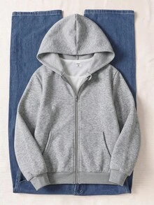 SHEIN 青少年女孩秋冬日常長袖連帽外套，附口袋 - 灰色 - 查看 3