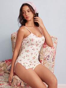 Elorette Ditsy Floral Backless High Elasticity Frill Trim Romantic Pastoral Women's Pajama Bodysuit - White - View 7
