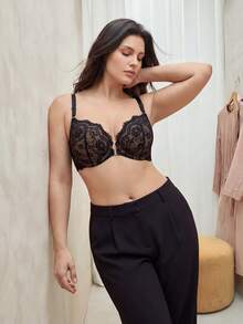 Bralution Black Underwire Molded Cup Bra, High Support, Push-Up Lift, Chain Decor, Lace Patchwork, Shiny, Front Closure, Romantic Elegant, Plus Size - Black - View 2