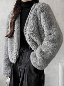 FRIFUL Women's Autumn Grey Short Versatile Faux Fur Jacket - Grey - View 8