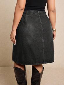 Elaquor Plus Size Fashion Versatile Button Pocket Denim Skirt Teacher For Women - Black - View 4