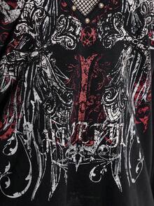 SHEIN ICON 大尺碼 Y2K 哥德風優雅復古龐克印花網布拼接鉚釘休閒衛衣，黑色，適合萬聖節、秋季、夜店派對 - 黑色 - 查看 8