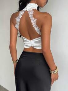 Glamine Charm White Satin High Neck Halter Tank Top,With Eyelash Lace Spliced Open Back For Birthday Party - White - View 3