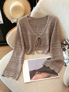 Franclia New Solid Color Hollow Crochet Sun Protection Cardigan Women Versatile Outerwear Knit Cardigan - Mocha Brown - View 7