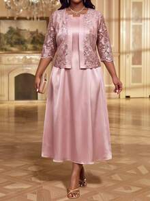 Fleurora Elegant Plus-Size Two Pieces Set: Jacquard Open-Front Cardigan With Mid-Length Sleeves And Matching Dress Birthday Dress Pink Dress Date Night Dress - Dusty Pink - View 8