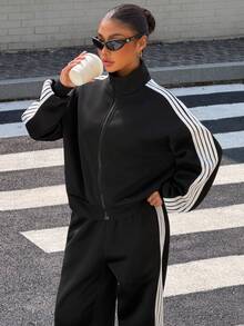 Muchica Women's Autumn/Winter New Black Thermal Lined Webbing Patchwork Loose Open Front Sweatshirt & Sweatpants Set For Going Out, Streetwear, Y2K - Black - View 4