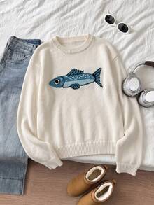 Elamini Sweater Rajut Wanita Kasual Longgar Motif Sarden, Musim Gugur/Dingin - MultiWarna - View 3