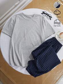 1 Set Pakaian Rumahan Remaja Laki-Laki, Atasan Lengan Pendek Abu-abu Muda Polos dengan Celana Panjang Kotak-kotak Biru Tua, Kain Rajut Lembut, Pas Nyaman (1 Set Dijual Terpisah) - Blue and White - View 1