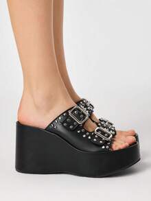 Sugerpunk Women's Fashion Platform Sandals, Dark Punk Style Heavy Industry Rivet Gas Eye Design Thick-Soled Wedge Sandals, Adjustable Elastic Design Subculture - Jazz Black - View 11