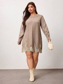 Enliva Plus Size Women's Contrast Lace Hem Round Neck Long Sleeve Knit Dress Winter - Apricot - View 7