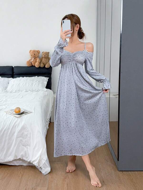Napfluff Women's Cute Open Shoulder Polka Dot Long Sleeve Nightgown
