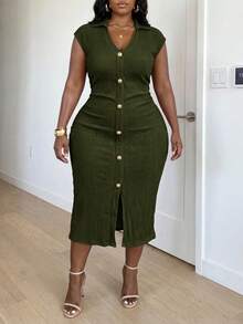 Veslaya Plus Size Women Textured Single-Breasted Dress For Honeymoon Travel And Garden Party - Army Green - View 4