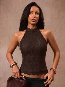 Opulessa Casual Vacation Solid Color Knit Lace Halter Neck Backless Women's Top - Brown - View 6