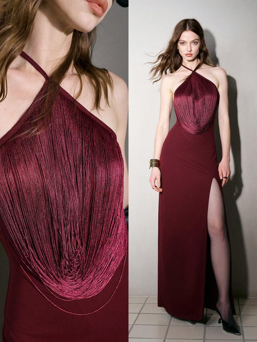 MOTF PREMIUM HIGH SLIT HEM SPAGHETTI STRAP CAMI DRESS WITH TASSEL - Rose Red - View 1
