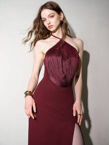 MOTF PREMIUM HIGH SLIT HEM SPAGHETTI STRAP CAMI DRESS WITH TASSEL - Rose Red - View 6