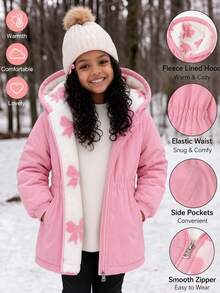 SHEIN Elladie kids 女童白色可正反穿拉鍊連帽蝴蝶結毛絨內裡加厚中長版鋪棉外套，冬季夾克粉色加厚連帽西式外套 - 淺粉色 - 查看 2