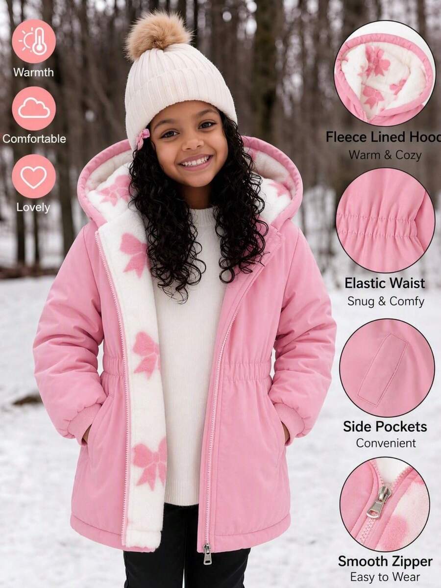 SHEIN Elladie kids 女童白色可正反穿拉鍊連帽蝴蝶結毛絨內裡加厚中長版鋪棉外套，冬季夾克粉色加厚連帽西式外套