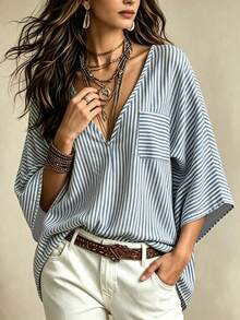 Glimmora Women's V-Neck Striped Pocket Casual Shirt - Multicolor - View 4