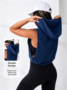 Dewbera Dewbera Women's Solid Color Drawstring Hooded Sleeveless Sports Sweatshirt Gym Workout Navy Blue Summer Active Athleisure Casual - Navy Blue - View 2