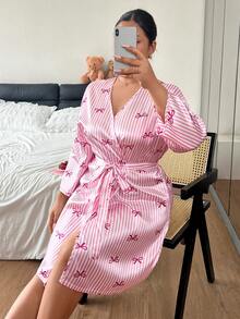 Napfluff CURVE Napfluff CURVE Bowknot Striped Print Faux Silk Minimalist Plus Size Nightgown - Pink - View 3