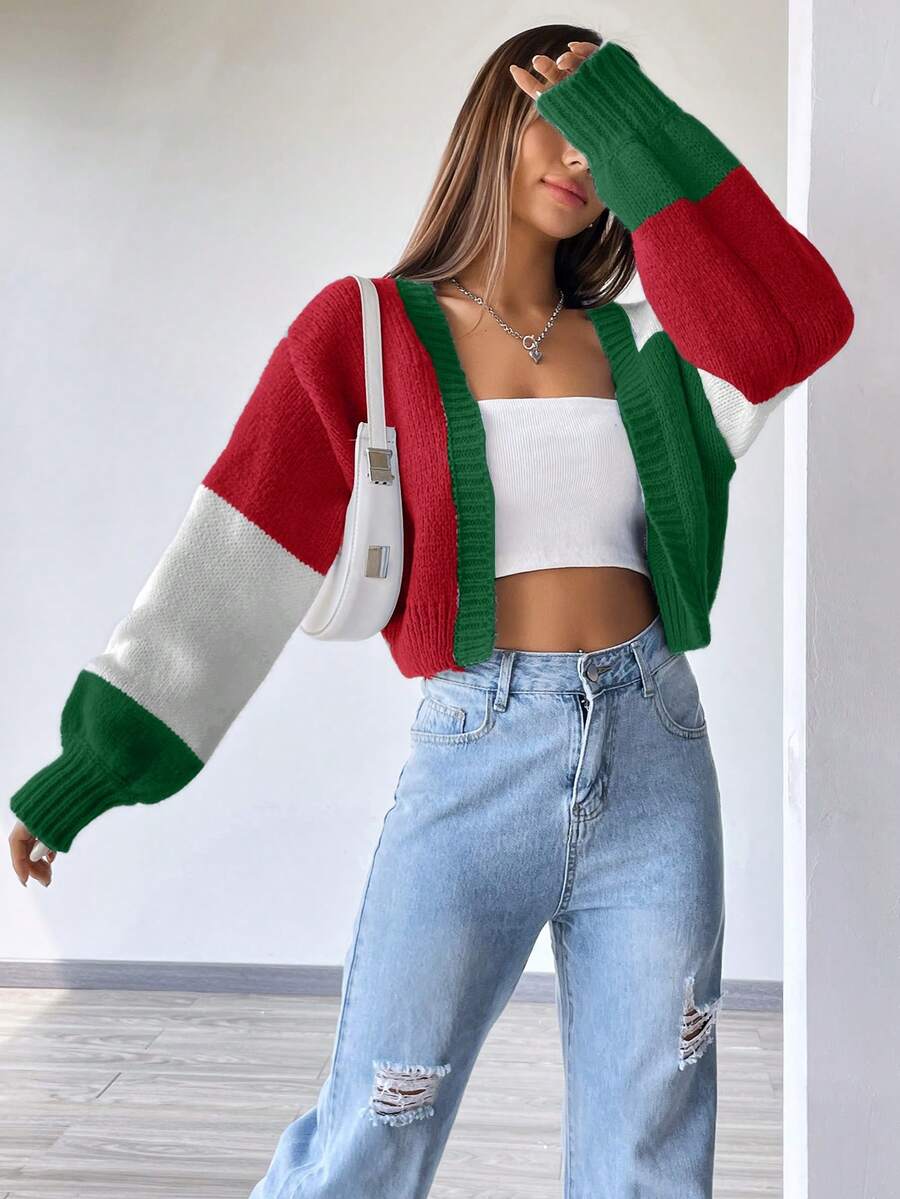 SHEIN Unity 秋冬休閒拼接配色寬鬆短版開襟衫 - 彩色 - 查看 1