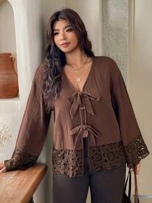 SHEIN Frenchy Plus Size Casual Lace-Up Ruffle Patchwork Textured Fabric V-Neck Long Sleeve Shirt - Brown - View 2