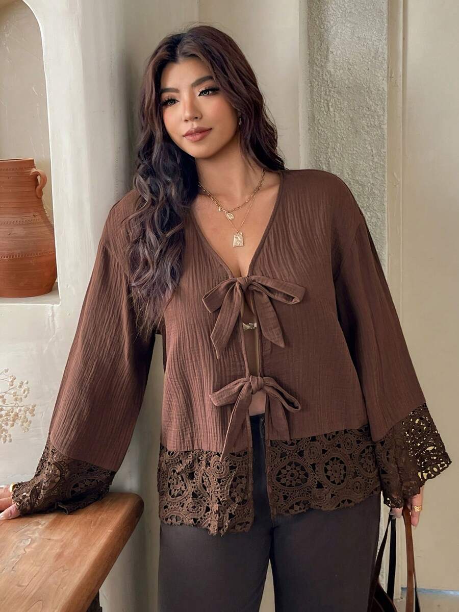 SHEIN Frenchy Plus Size Casual Lace-Up Ruffle Patchwork Textured Fabric V-Neck Long Sleeve Shirt