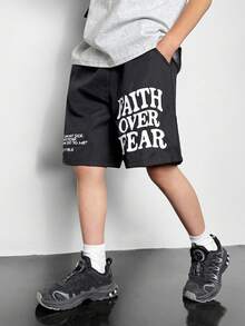 SHEIN Tween Boy 休闲纯色装饰口袋松紧腰短裤，适合秋季、春季、夏季，适合户外玩耍、学校、街头风格、派对和居家休闲 - 黑色 - 查看 4