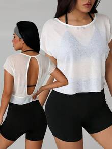 SHEIN Sports 3-Piece Set Halter Top, Base Layer, Shorts, Pullover Top, Casual Minimalist Women's Sports Outfit - Black and White - View 2