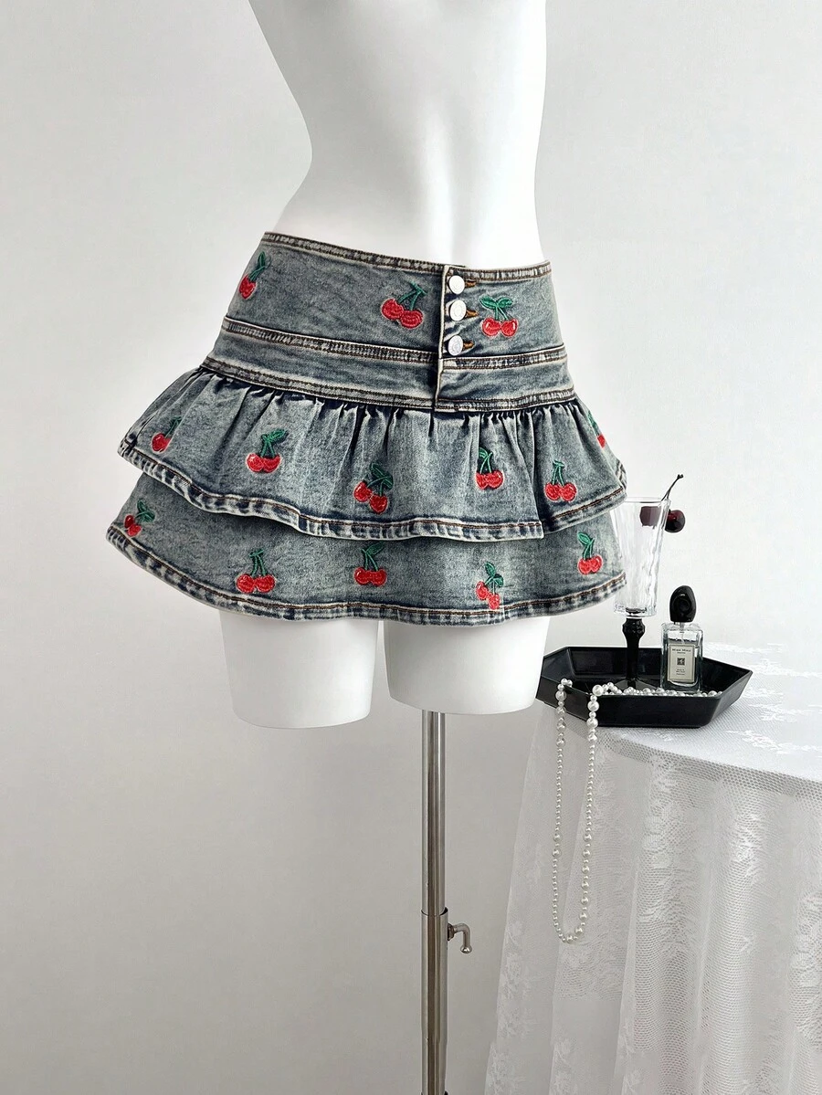 SHEIN PETITE 女款荷葉邊下擺牛仔迷你裙 - 中等水洗藍 - 查看 1