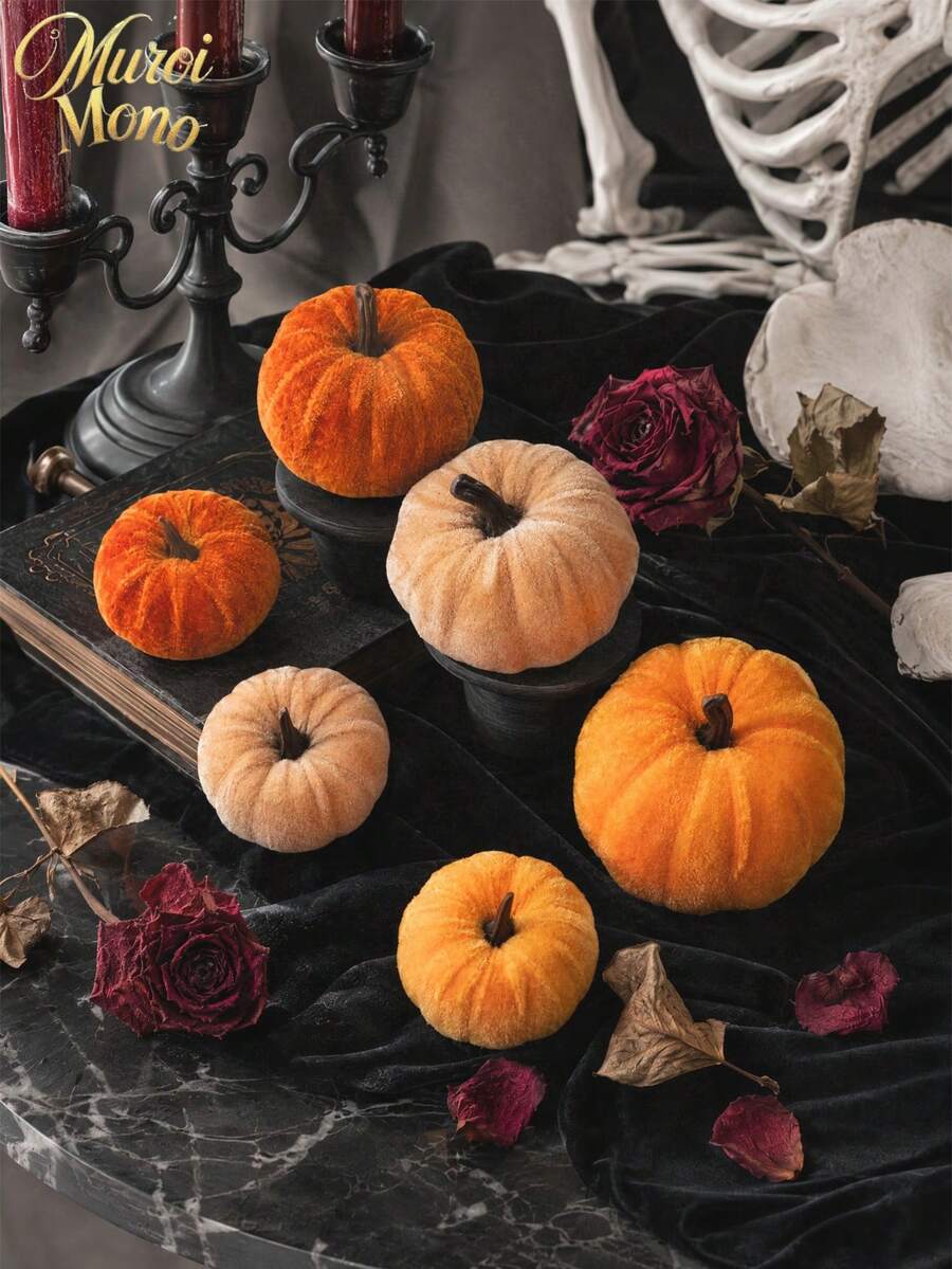 Muroi Mono 3/6/10pcs Velvet Flocked Artificial Pumpkin Decoration, Realistic Fake Pumpkin Model Prop, Fall Harvest Decorative Ornament, Ideal For Halloween Party Home Table Shelf Tiered Tray Display - multicolor - View 1