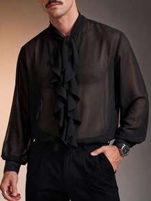 ZURIURI Men's Elegant Sexy Casual Long Sleeve Shirt With Tie Ribbon Rave Concert Black Autumn - Black - View 4
