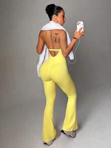 Slayform Slayform Women's Yellow Halter Neck Seamless Sports & Yoga Jumpsuit - Yellow - View 2