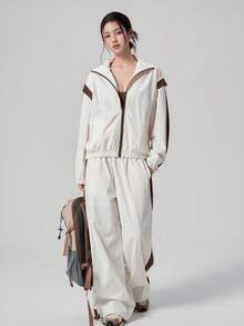 DAZY Spring/Autumn Korean Style Stand Collar Long Sleeve Color Block Striped Patchwork Motorcycle Jacket Straight Leg Pants Outdoor Casual Streetwear Women's Sports Set - Beige - View 2