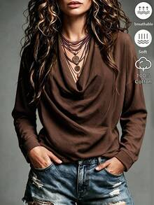 SHEIN Vintage Coffee Brown Micro-Crinkled Texture Fabric Deep Draped Neck Multi-Layer Draped Ruffle Loose Straight Fit 3/4 Sleeve Side-Gathered Solid Color Top - Coffee Brown - View 1