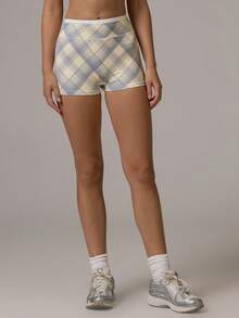 Musera Sport Contrast Colour Checkered Fitted High Rise Mini Active Shorts Fall Autumn Winter Gym Workout Cute - Multicolor - View 3