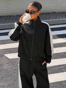 Muchica Women's Autumn/Winter New Black Thermal Lined Webbing Patchwork Loose Open Front Sweatshirt & Sweatpants Set For Going Out, Streetwear, Y2K - Black - View 5