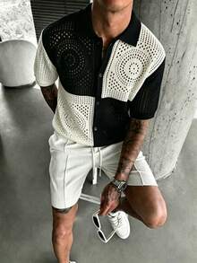 Manfinity LEGND Men's Plus Size Single-Breasted Hollow-Out Contrast Color Knit Top - Black and White - View 1