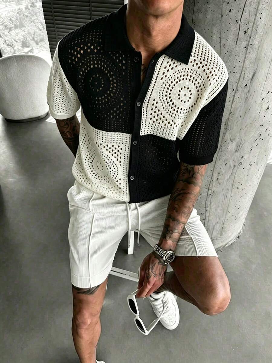 Manfinity LEGND Men's Plus Size Single-Breasted Hollow-Out Contrast Color Knit Top - Black and White - View 1