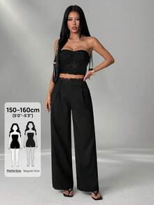 SHEIN PETITE 女款素色百褶休閒百搭日常穿著長褲 - 黑色 - 查看 9