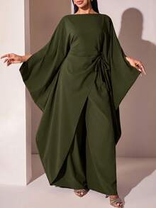 Veilorie Women's Drawstring Tie Long Robe And Loose Pants Arabic Costume Set - Army Green - View 1