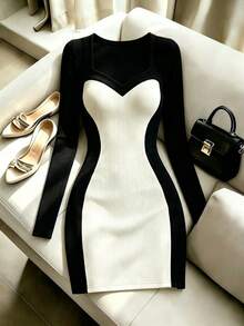 Selianne Women's Fashion Black And Beige Heart V-Neck 2 In 1 Bodycon Dress For Dating Office Dinner Mature Elegant Afternoon Tea Commuting And Vacation Autumn - Black and White - View 6