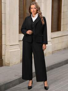EMERY ROSE 3 Pcs SetPlus Size Women Autumn/Winter Elegant Party Commute Black Suit Vest, Blazer And Pants 3 Pieces Set With Pockets,Going Out,Office Wear,Fall - Black - View 8