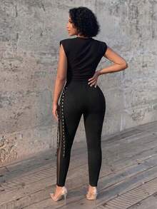 Eryvara Women's New Double Layer Waist Ring Tie Leggings, Side Slit Mesh Patchwork Slim Fit Long Pants - Black - View 2