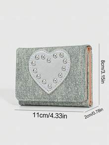 ROMWE Una bolsa de cambio con remaches de amor azul claro, una billetera pequeña de estilo punk de moda con dos pliegues, una bolsa de tarjetas conveniente para llevar contigo y un regalo de vuelta a la escuela - Azul claro - Ver 2