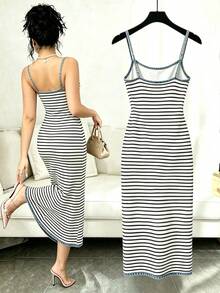 Rafferiza Women's Summer Retro Striped Knit Cami Dress Sexy Sleeveless Backless Bodycon Dress Summer Vacation Rib-Knit Spaghetti Strap Long Slip Dress - Multicolor - View 2