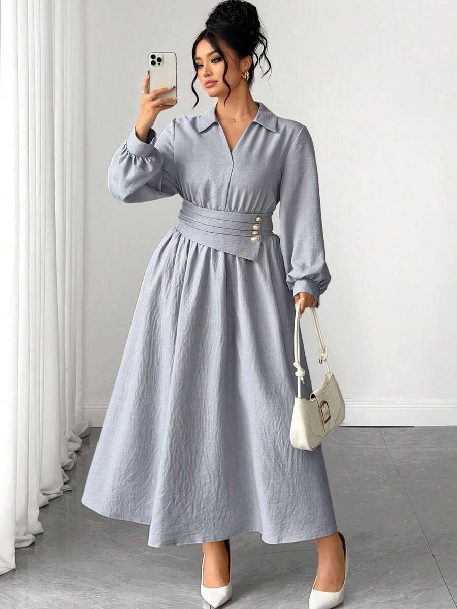 Elenzga Plus Size Early Autumn/Winter Light Gray Faux Linen Design Pearl Button A-Line Long Sleeve Puff Sleeve Elegant Commute Slimming Date Dress For Women - Grey - View 1