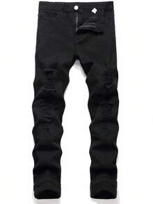 Manfinity Hypemode Men's Ripped Skinny Jeans,Black,Autumn,Streetwear,City Break Cotton Slim Fit Dark Washed Cargo Jeans For Husband Boyfriend Gifts,Urban Grunge Style - Black - View 1