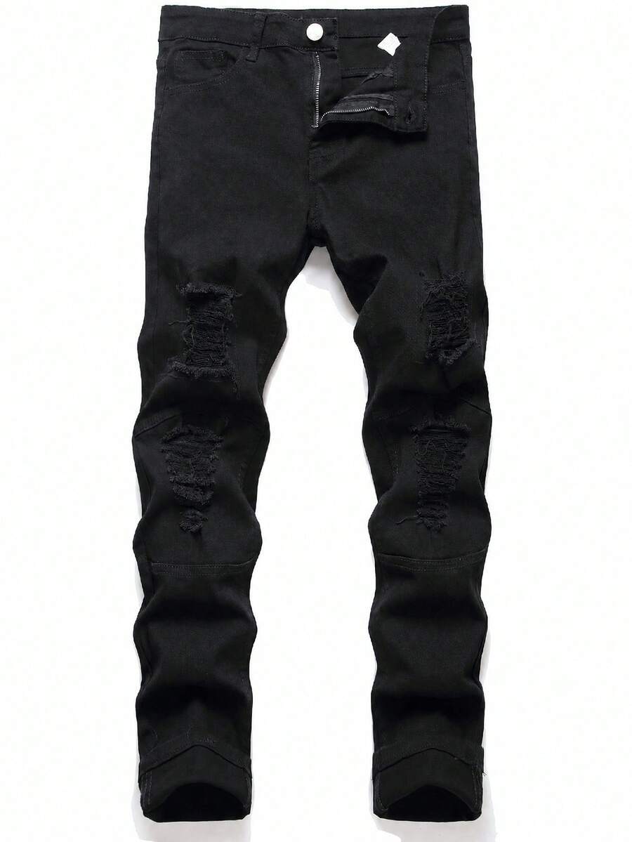 Manfinity Hypemode Men's Ripped Skinny Jeans,Black,Autumn,Streetwear,City Break Cotton Slim Fit Dark Washed Cargo Jeans For Husband Boyfriend Gifts,Urban Grunge Style - Black - View 1
